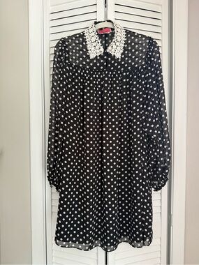 kate spade Black and White Polka Dot Long-Sleeve Dress with Lace Collar
